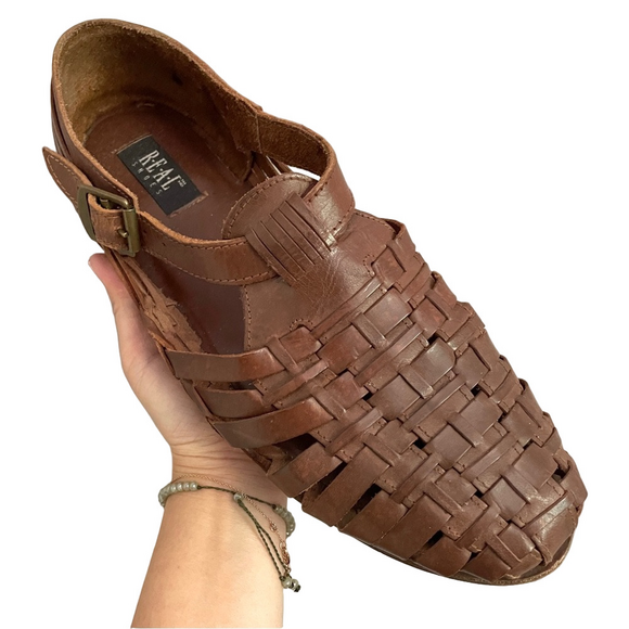 Vintage Brown Leather Woven Fisherman Shoes - 12 - Picture 2 of 9